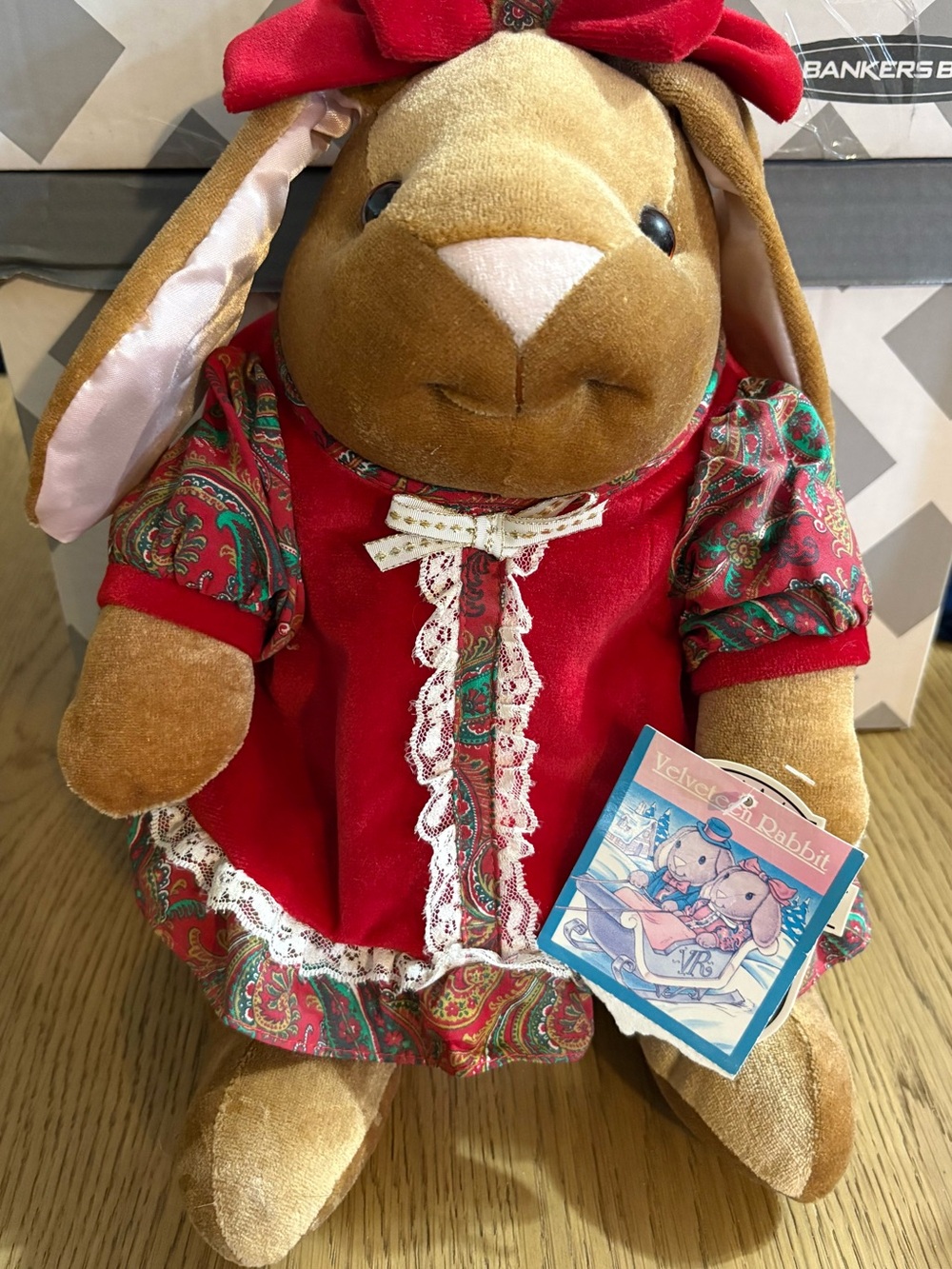 Velvet Rabbit Plush Bunny in Red Dress with Paisley Trim - Kids Stuffed Animal